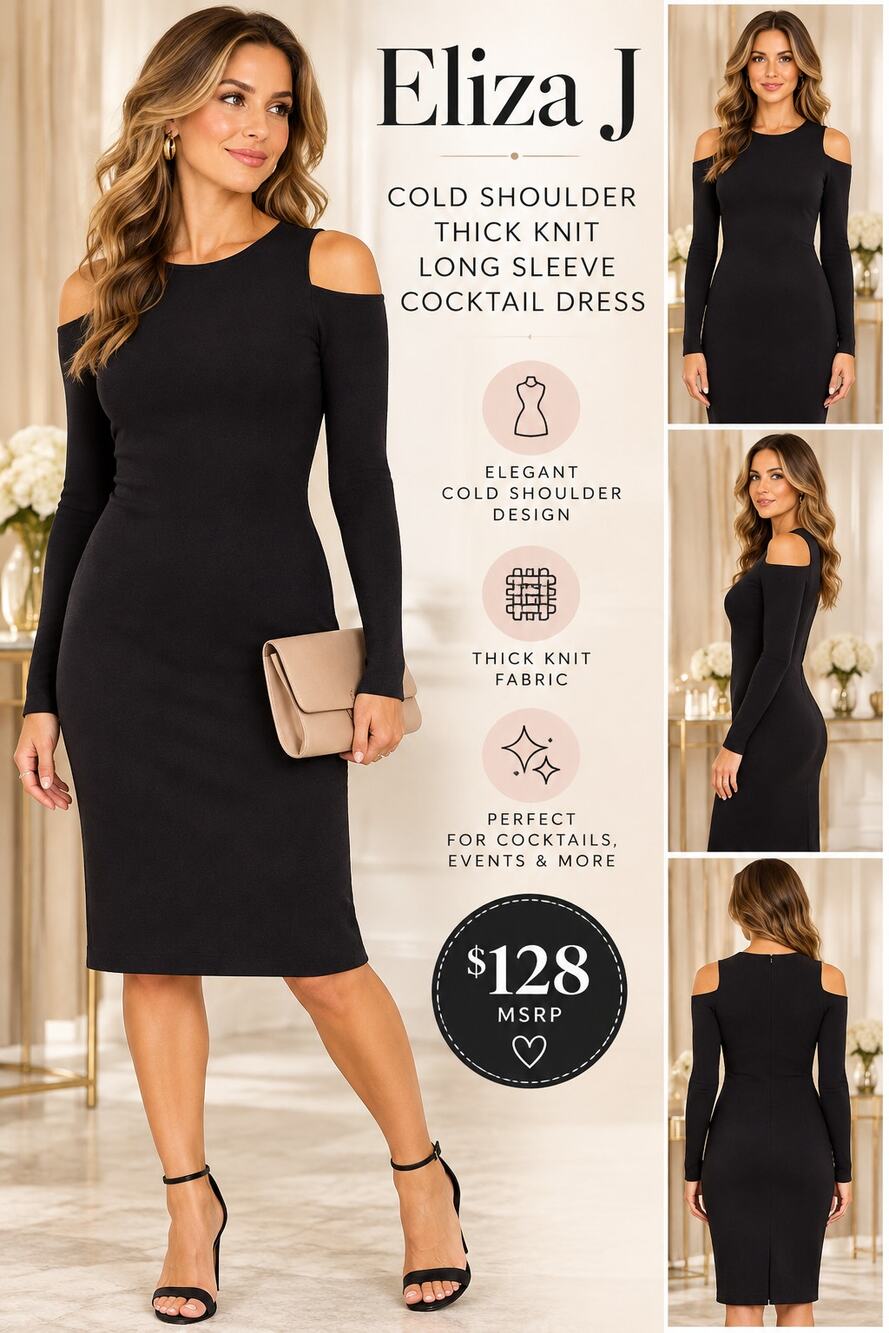 Eliza J $128 Cold Shoulder Thick Knit Long Sleeve Black Cocktail Dress Sz Small
